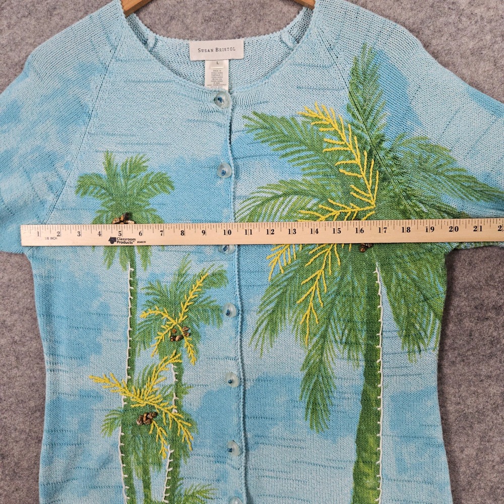 Susan Bristol Women's Blue Cardigan Size L Cotton Blend Palm Trees Rock Coconuts - Picture 8 of 11